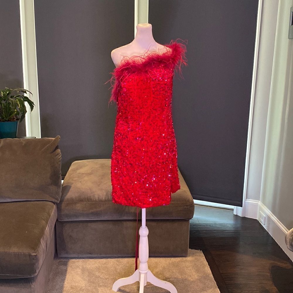 Women’s Pink Short Feather & Sequin One Shoulder Prom Party Dress Size 14 *READ